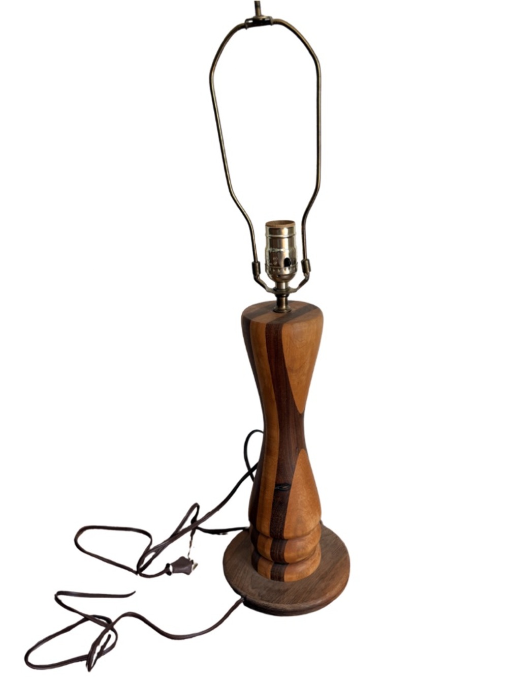 Vtg Turned Wood Mid Century Unique Table Lamp Pull Chain Brown Handmade Works
